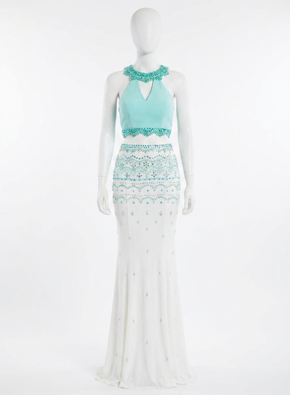 NEW RACHEL ALLAN two-piece beaded jersey evening gown in jade/white